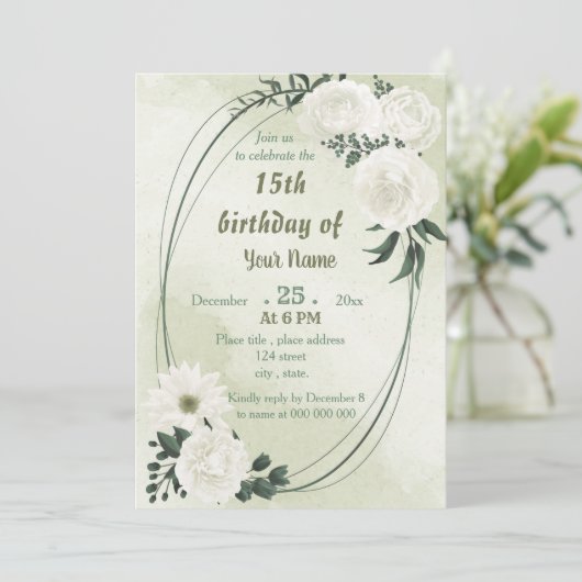 Invitation belle fête d'anniversaire fleurie blanche (Debout devant)