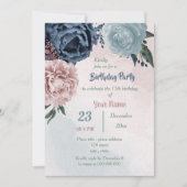 Invitation belle fête d'anniversaire rose bleu floral vert (Devant)