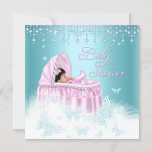 Invitation Belle Fête de Bébé Papillon Étincelant Rose Turquo