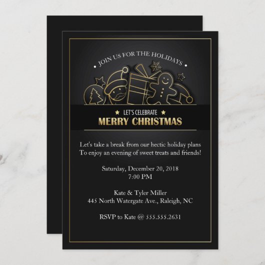 Invitation Belle fête de Noël noire et d'or (Devant / Derrière)