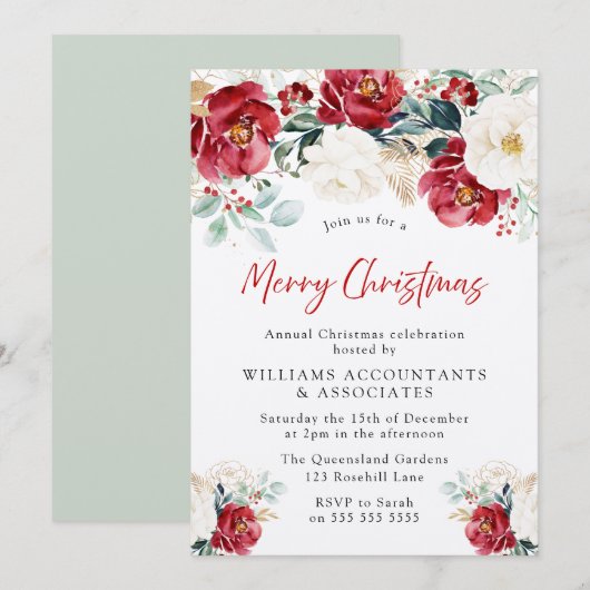 Invitation Belle fête de Noël Rouge Blanc Vert Floral (Devant / Derrière)