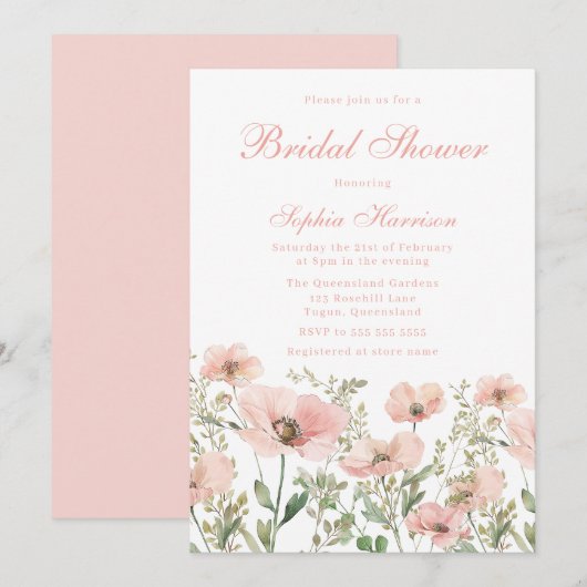 Invitation Belle Fête des mariées de Fleur sauvage Bleu Éléga (Devant / Derrière)