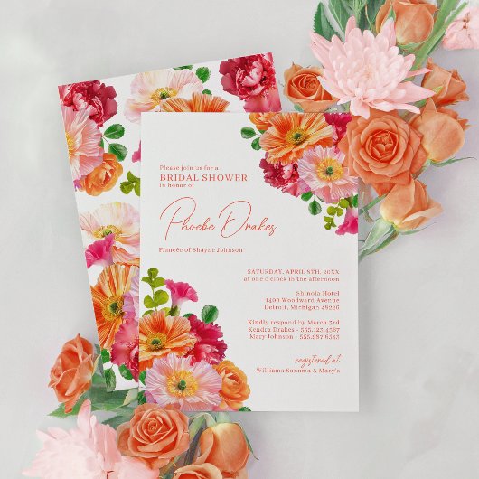 Invitation Belle Fête des mariées florale orange et rose vif