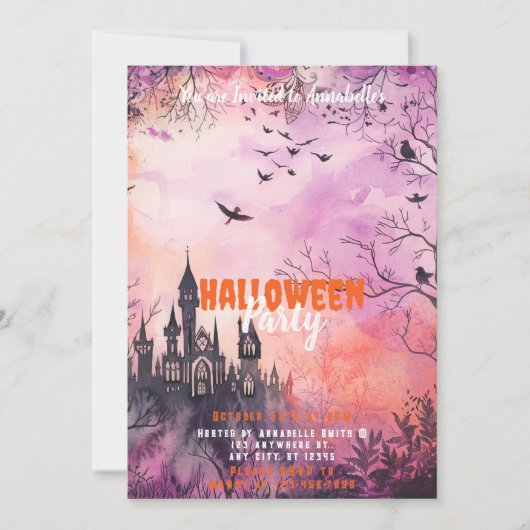 Invitation Belle Fête d'Halloween Rose Violet Hantée (Devant)