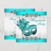 Invitation Belle fête masquée bleu turquoise (Devant / Derrière)