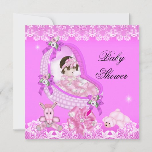 Invitation Belle Fille Baby shower Fête Rose Blanche Dentelle (Devant)