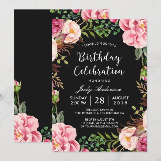 Invitation Belle Fille de fleurs rose Fille fête d'anniversai (Devant / Derrière)