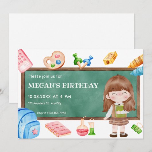 Invitation Belle fille de l'école, anniversaire de tableau no (Devant / Derrière)