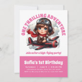 Invitation Belle Fille Pilote Avion, Fille Rose Anniversaire (Devant)