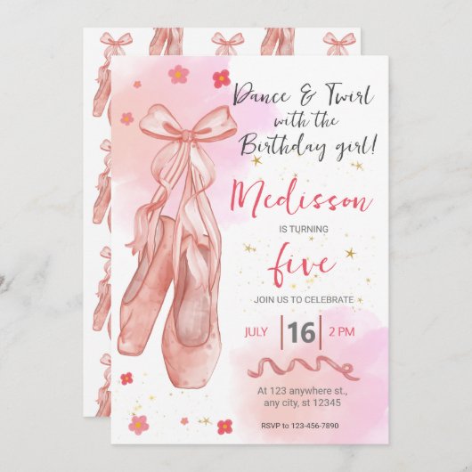 Invitation Belle fille rose fête d'anniversaire (Devant / Derrière)