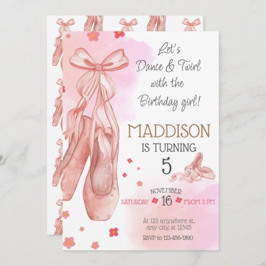 Invitation Belle fille rose fête d'anniversaire (Devant / Derrière)