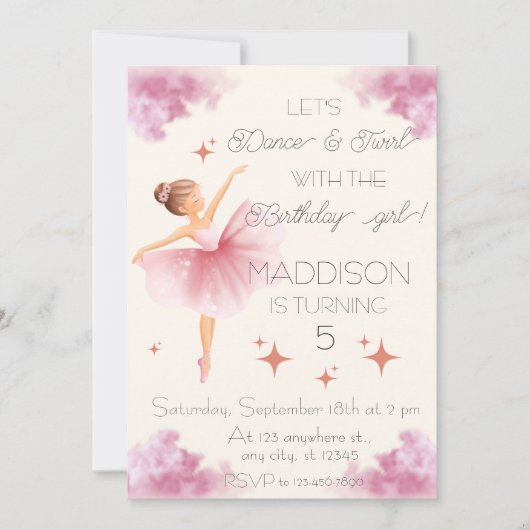 Invitation Belle fille rose fête d'anniversaire (Devant)