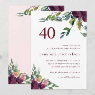 Invitation Belle Fleur Aquarelle 40e Anniversaire