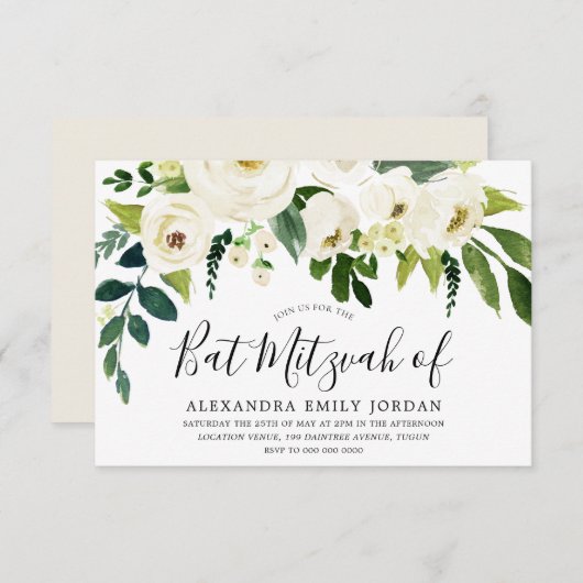 Invitation Belle Fleurs Blanches Bar Mitzvah Bat mitzvah (Devant / Derrière)