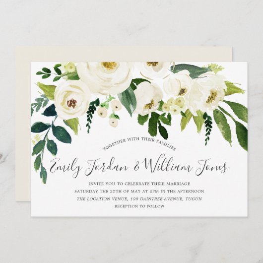 Invitation Belle Fleurs Blanches Crème Mariage élégant (Devant / Derrière)