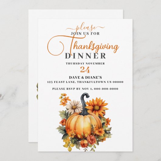 Invitation Belle Fleurs Citrouille et Automne Thanksgiving (Devant / Derrière)