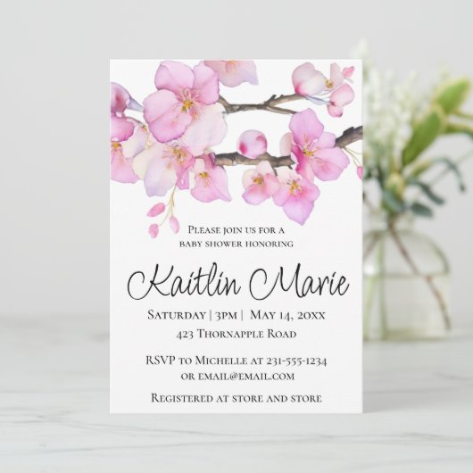 Invitation Belle fleurs de cerisier rose script de calligraph (Debout devant)