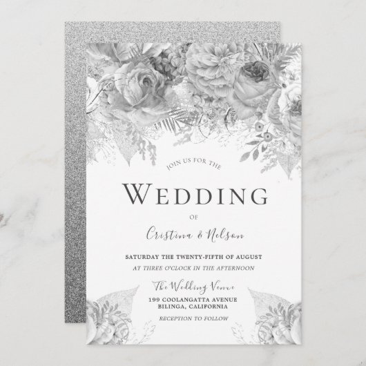 Invitation Belle Fleurs Gris Argent Mariage élégant (Devant / Derrière)