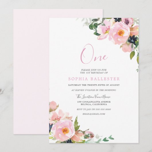 Invitation Belle Fleurs Roses Bleues Filles 1er anniversaire (Devant / Derrière)