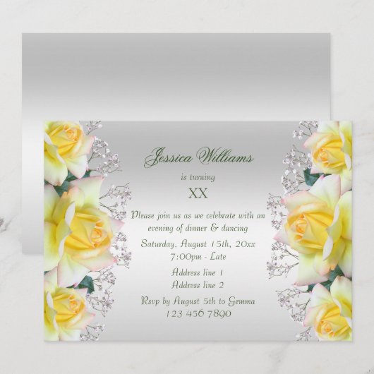 Invitation Belle Fleurs Roses de Paix Jaune Anniversaire (Devant / Derrière)