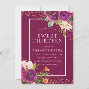 Invitation Belle Fleurs roses Filles 13ème anniversaire