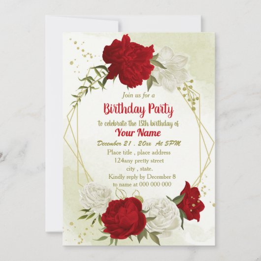 Invitation Belle fleurs rouges vert feuilles anniversaire (Devant)