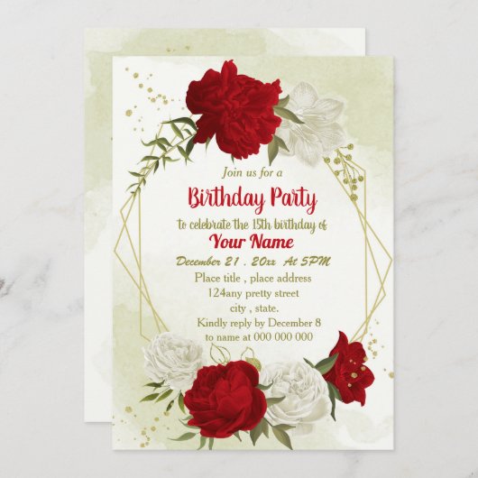 Invitation Belle fleurs rouges vert feuilles anniversaire (Devant / Derrière)