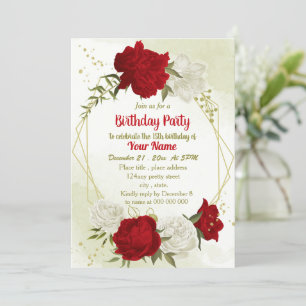 Invitation Belle fleurs rouges vert feuilles anniversaire