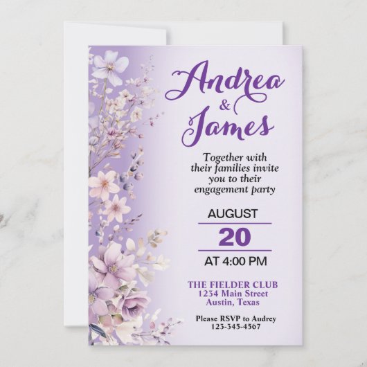 Invitation Belle Fleurs violettes Partie d'engagement (Devant)