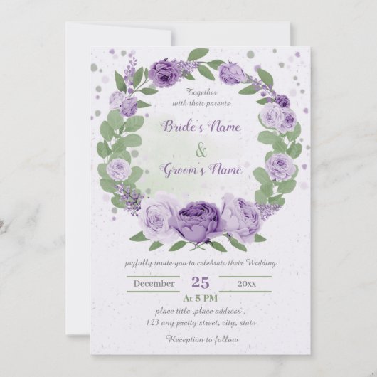 Invitation belle fleurs violettes vert feuille invi mariage (Devant)