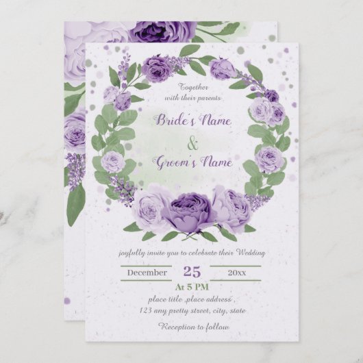 Invitation belle fleurs violettes vert feuille invi mariage (Devant / Derrière)