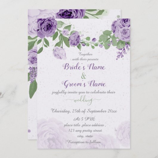 Invitation belle fleurs violettes vert feuille mariage (Devant / Derrière)
