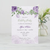 Invitation belle fleurs violettes vert feuilles anniversaire (Debout devant)