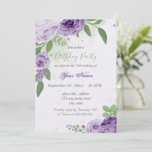 Invitation belle fleurs violettes vert feuilles anniversaire (Debout devant)