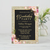 Invitation Belle Floral Gold Sparkles Graduation Party (Debout devant)
