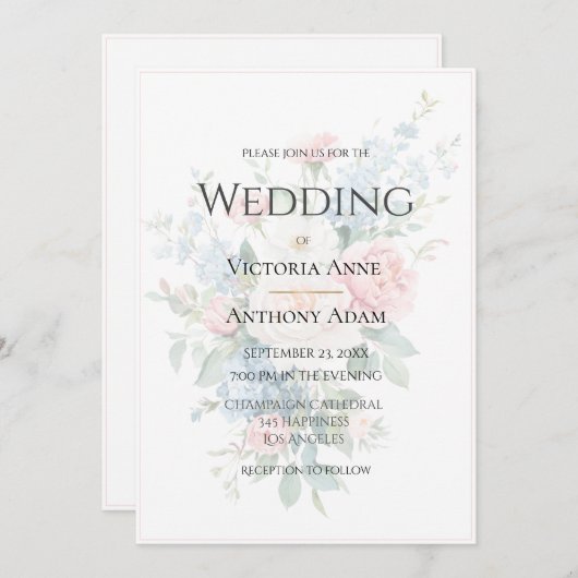 Invitation Belle Floral Neutre Élégant Mariage (Devant / Derrière)