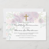 Invitation Belle florale avec Croix Première sainte communion (Devant)