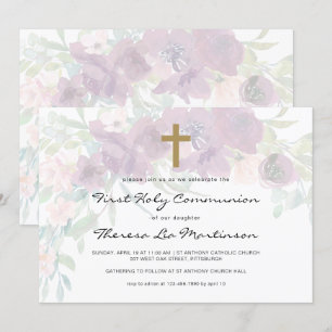 Invitation Belle florale avec Croix Première sainte communion