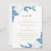 Invitation Belle Florale Bleue avec Monogrammes couleur or (Devant)