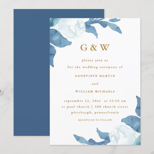 Invitation Belle Florale Bleue avec Monogrammes couleur or