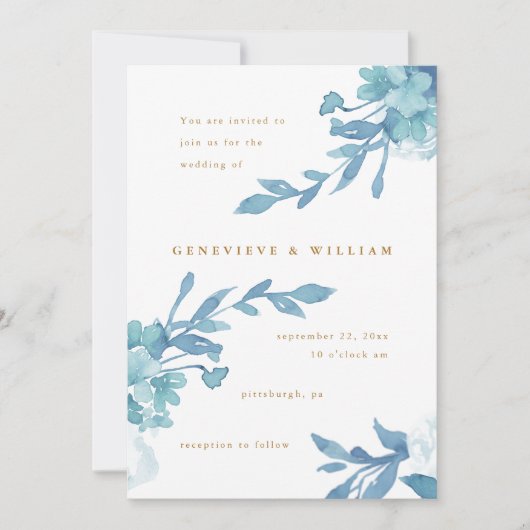 Invitation Belle Florale Bleue avec Texte couleur or (Devant)