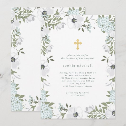 Invitation Belle florale grise et blanche | Baptême (Devant / Derrière)
