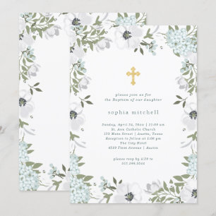Invitation Belle florale grise et blanche   Baptême
