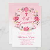 Invitation Belle florale moderne Wreath Première communion (Devant / Derrière)