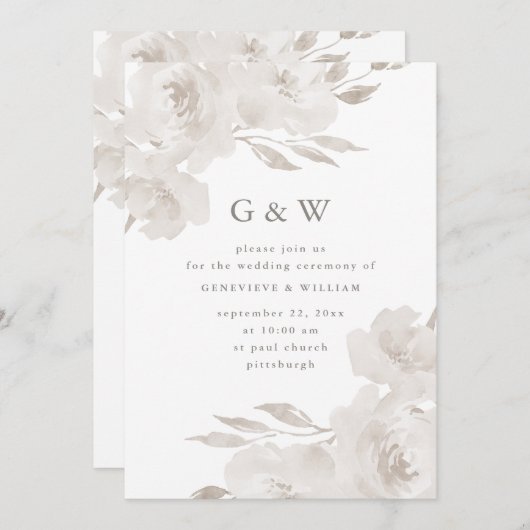 Invitation Belle florale neutre avec Mariage Monograms (Devant / Derrière)