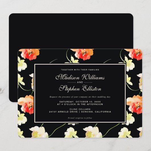 Invitation Belle florale noire - Mariage (Devant / Derrière)