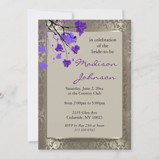 Invitation Belle Florale violette et Damas d'argent antique (Dos)