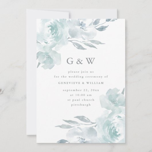Invitation Belle Flore Bleue avec Mariage Monograms (Devant)