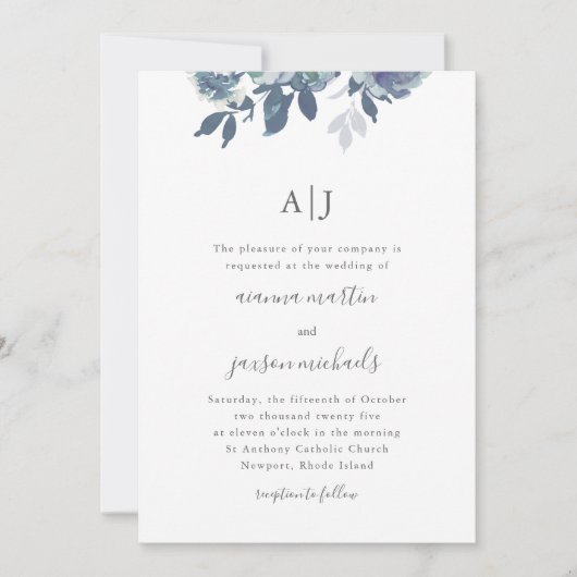 Invitation Belle Flore Bleue avec Mariage photo Monogram (Devant)