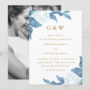 Invitation Belle Flore Bleue avec Monograms Mariage photo